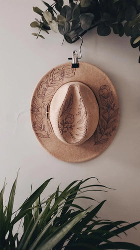 Cream Hand burned floral print wide brim fedora