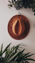 Camel Hand burned floral print wide brim fedora