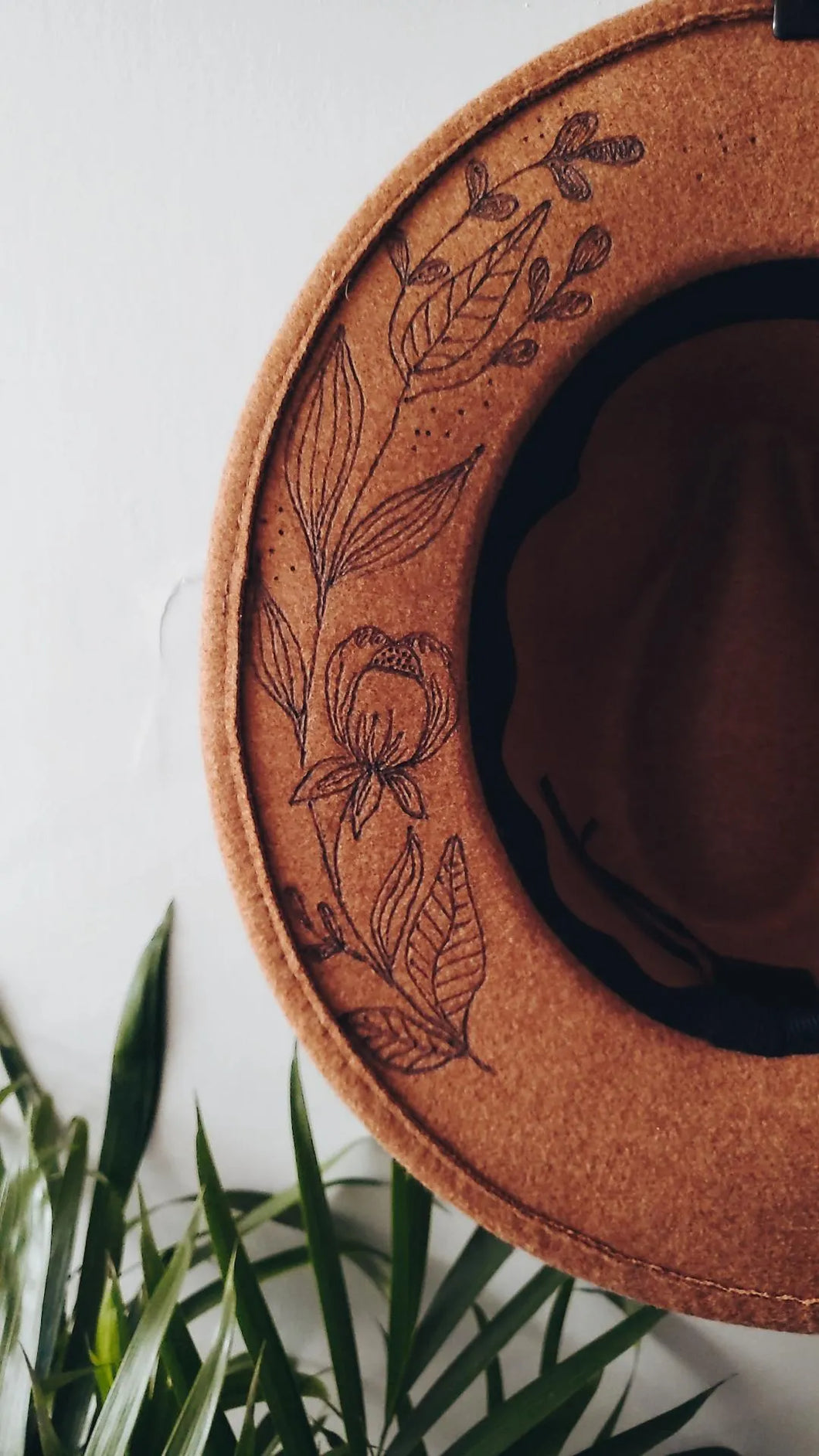 Velvet Floral Hat, Hand Burned