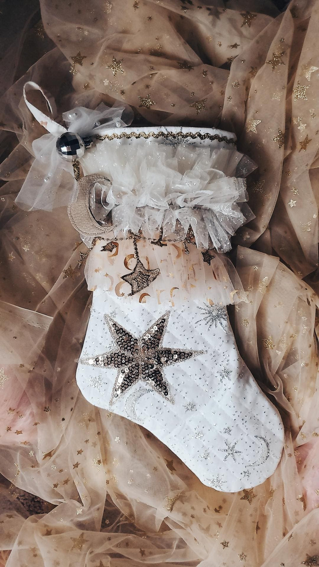 White quilted moon and star stocking