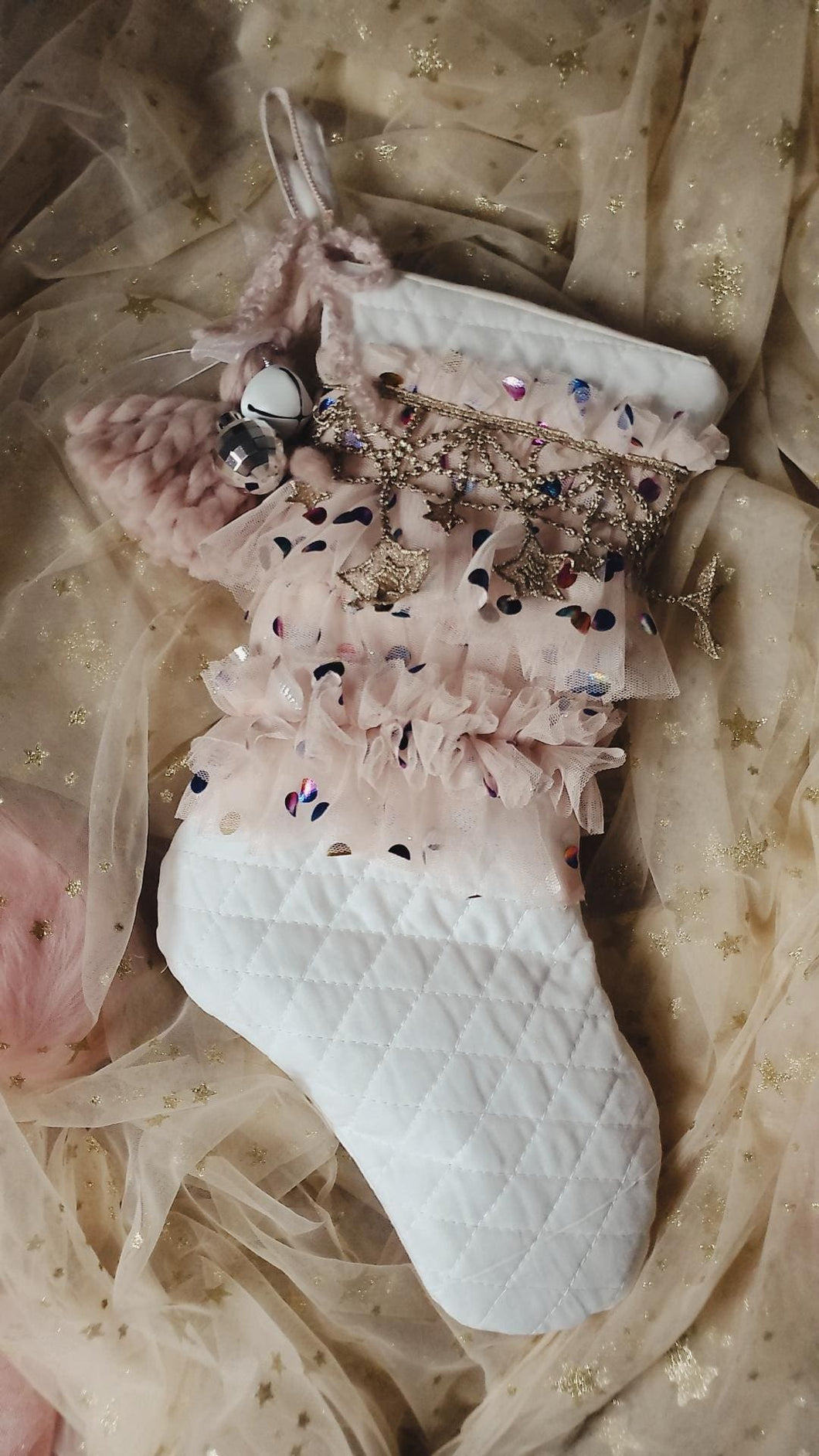 Quilted blush dot & hanging star stocking