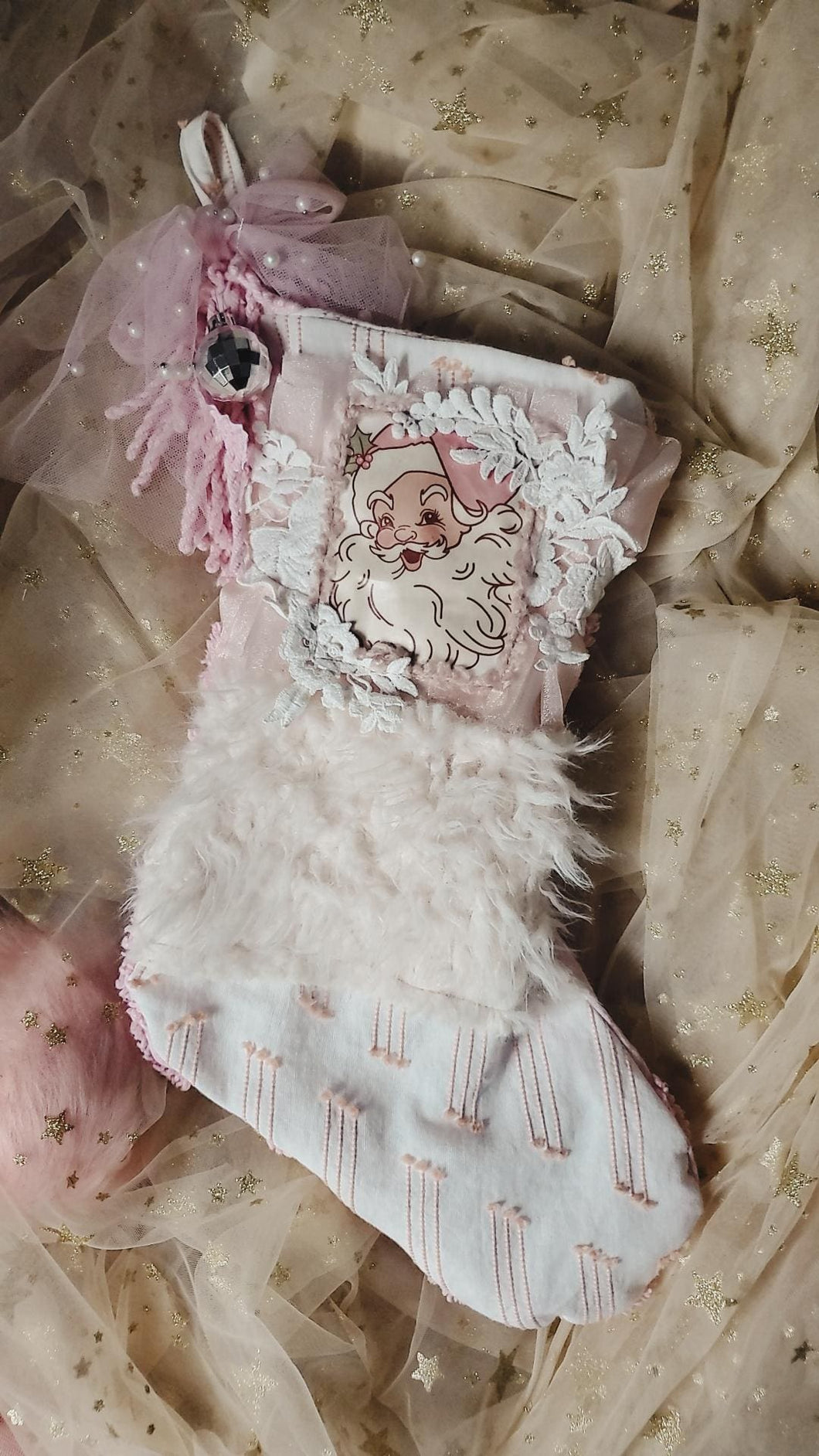 Blush & white furry santa stocking