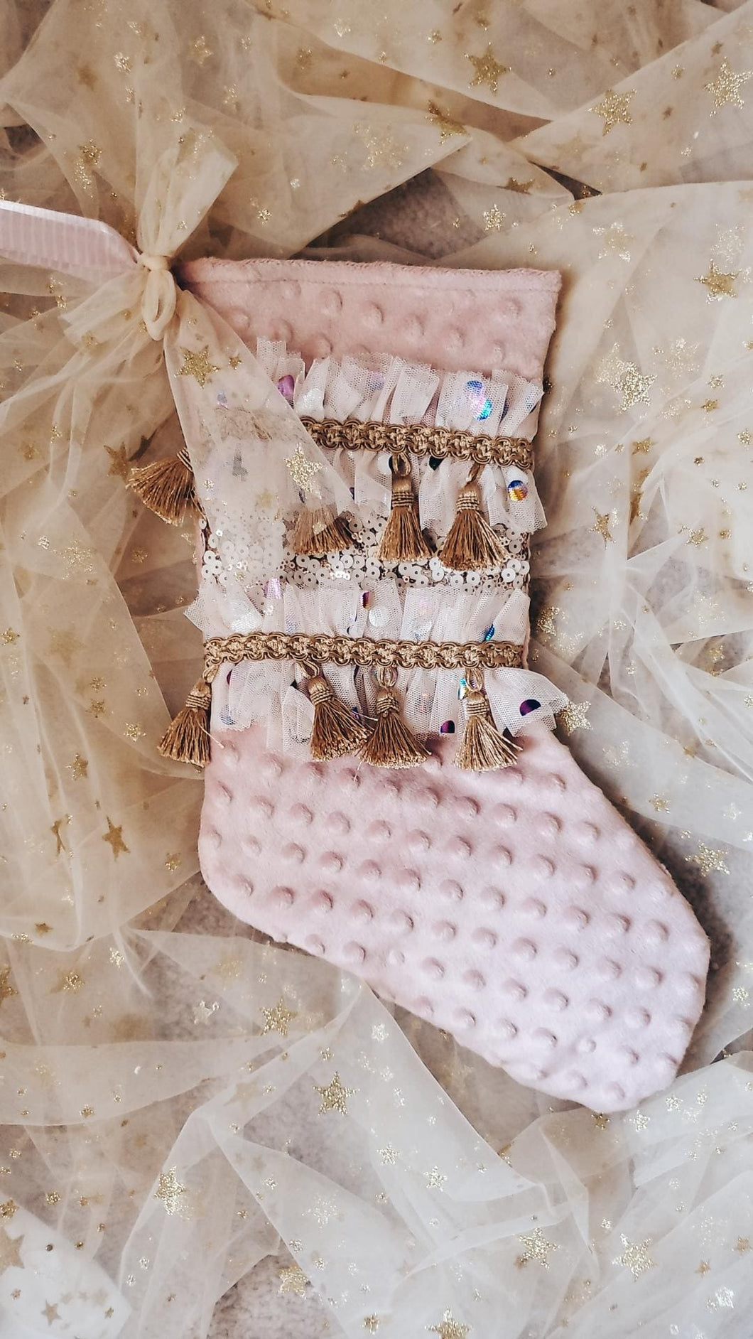 Blush double ruffle dot stocking