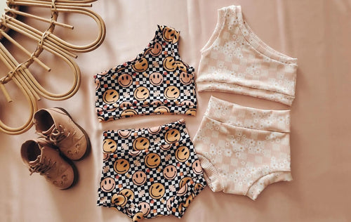 One shoulder crop & bummies set